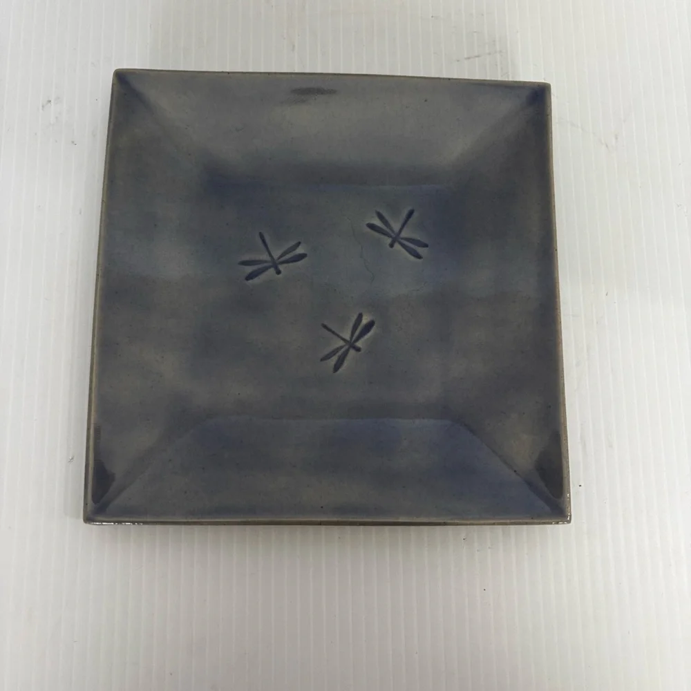 Earthenware Artisan Pottery dragonfly Dish Plate Square Purple Gray Signed